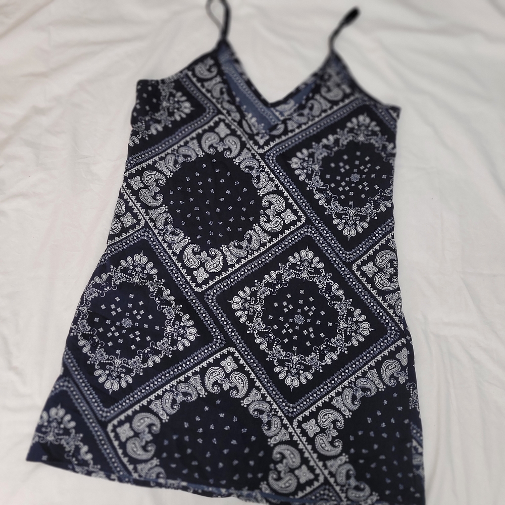 SHEIN Navy and White Patterned Camisole Dress Small